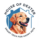 House of Dexter logo: a golden retriever in front of a house, with the words Smart tech for happy pets.
