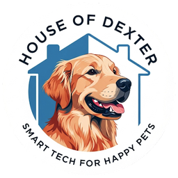 House of Dexter logo: a golden retriever in front of a house, with the words Smart tech for happy pets.