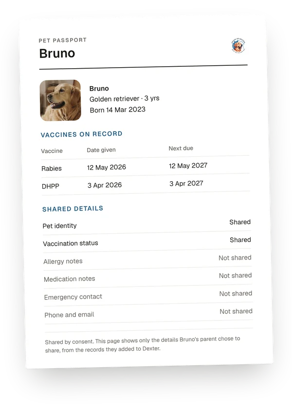 A printed Pet Passport showing only Bruno's shared details.