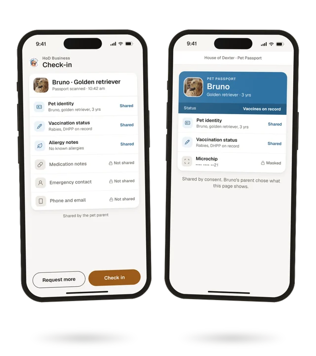 Side by side: what a business sees after scanning a Passport, and the smaller view anyone else sees.